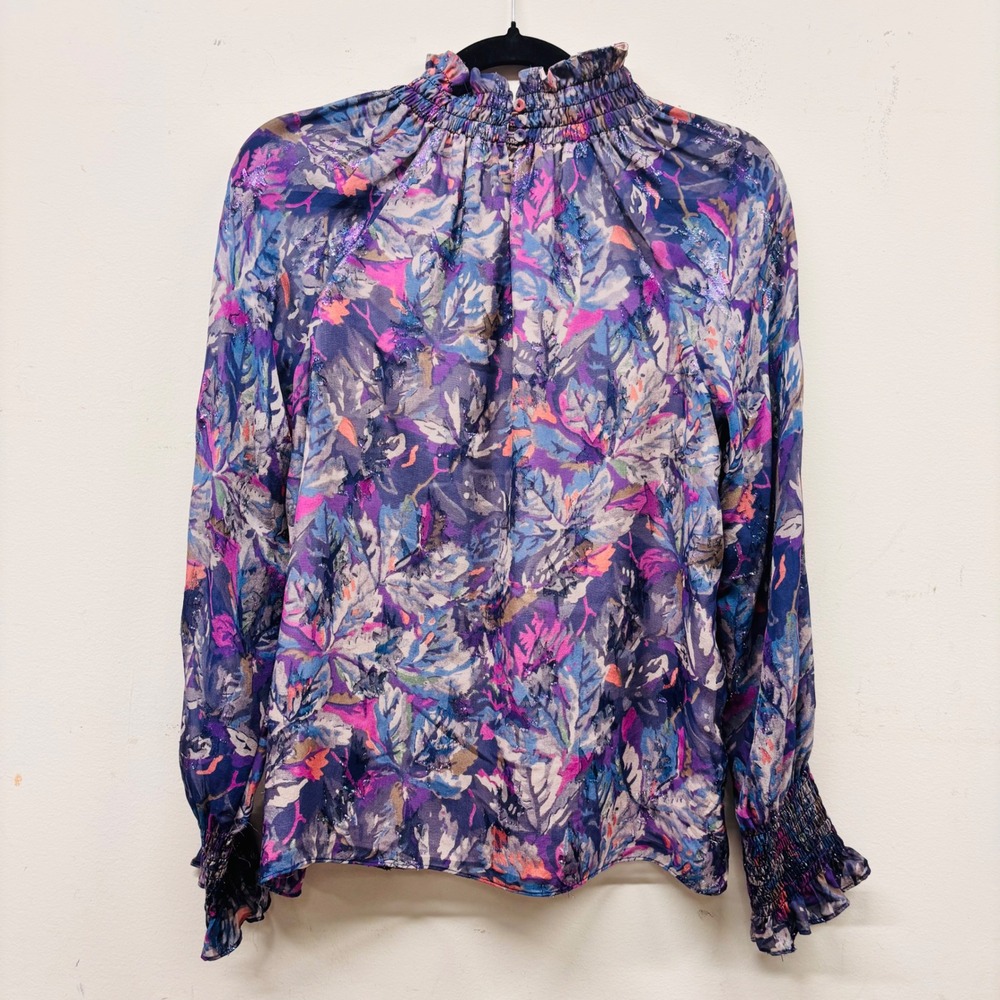 Rebecca Taylor Silk Metallic Floral Smocked Mock Neck Blouse Purple Blue Size 0 - Picture 5 of 8
